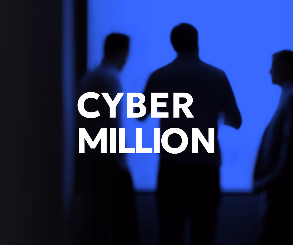 Silhouettes of three people against a blue background with large text reading 'CYBER MILLION'.