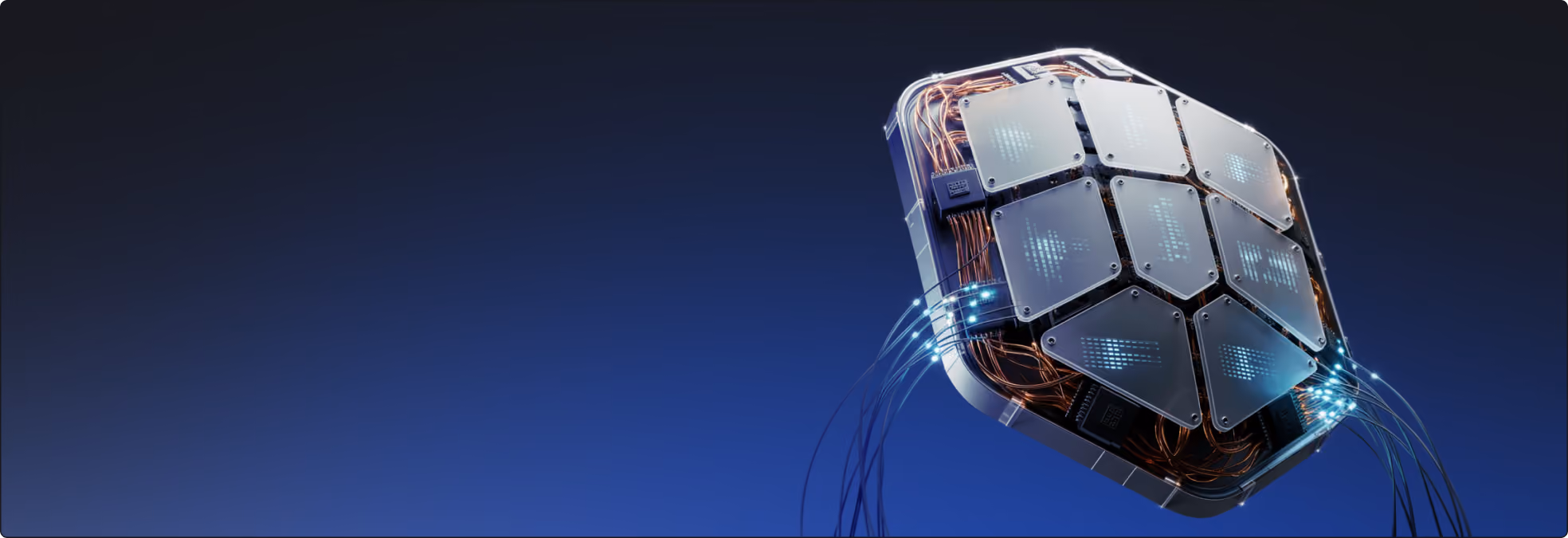 Futuristic transparent tech device with glowing circuits and panels floating on a dark blue gradient background.