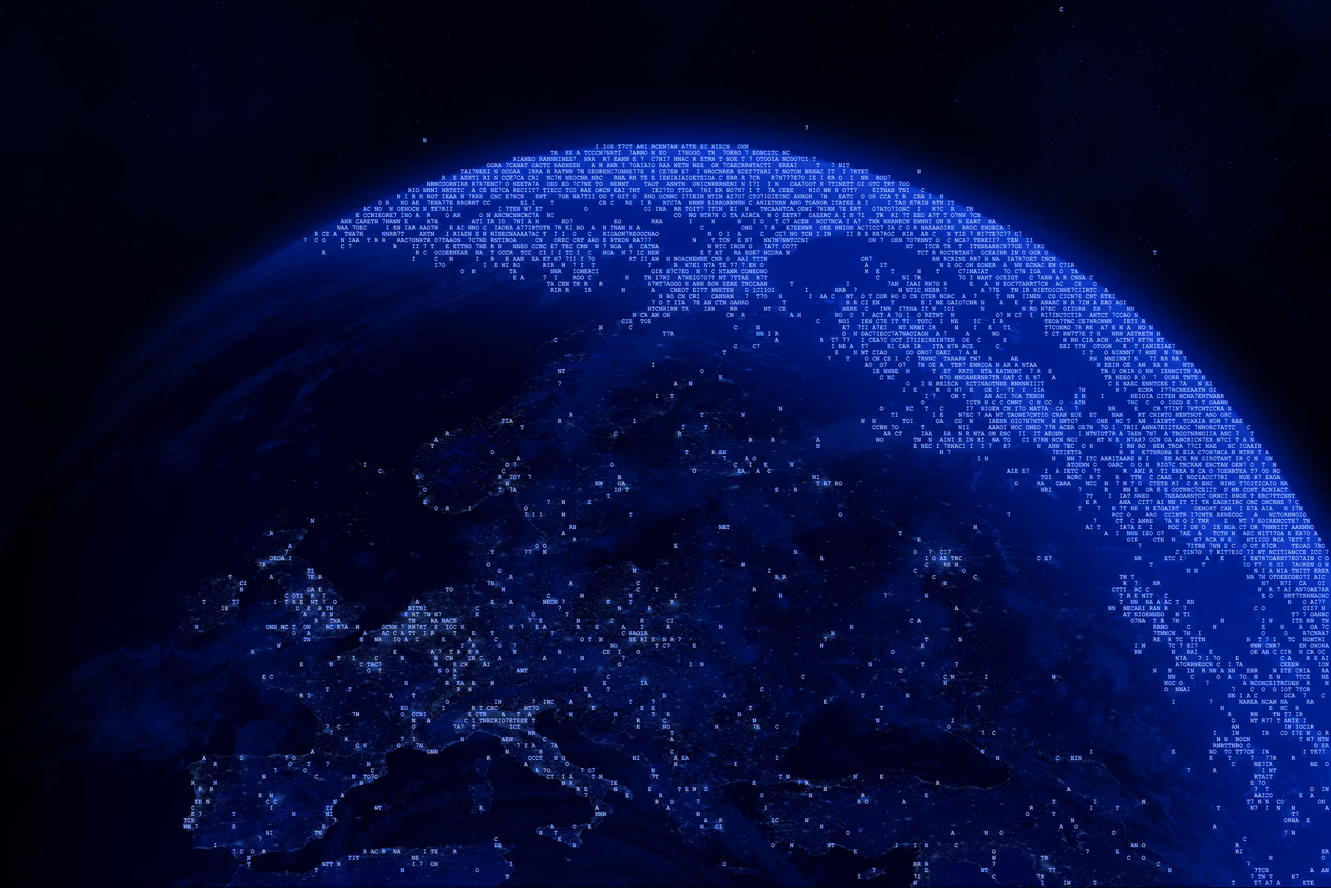 Digital rendering of Earth from space focusing on Europe and northern Asia with numerous small white text and number clusters scattered across the landmasses, all on a dark blue illuminated globe, suggesting data points or information overlay.