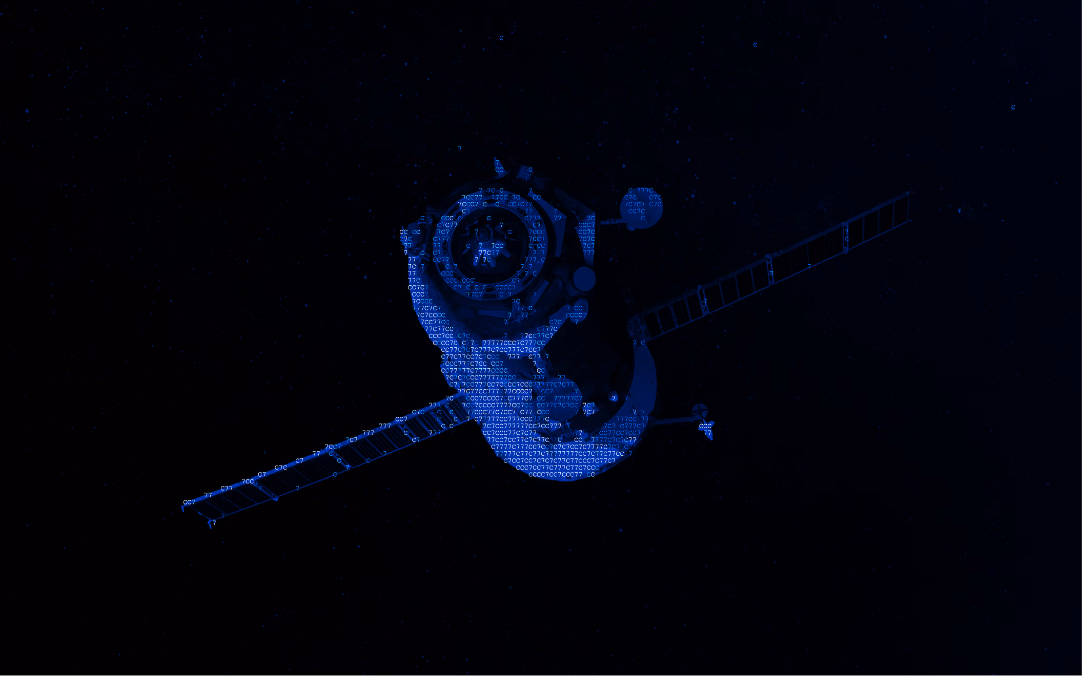 Blue digital satellite composed of numbers and text characters floating in dark space.