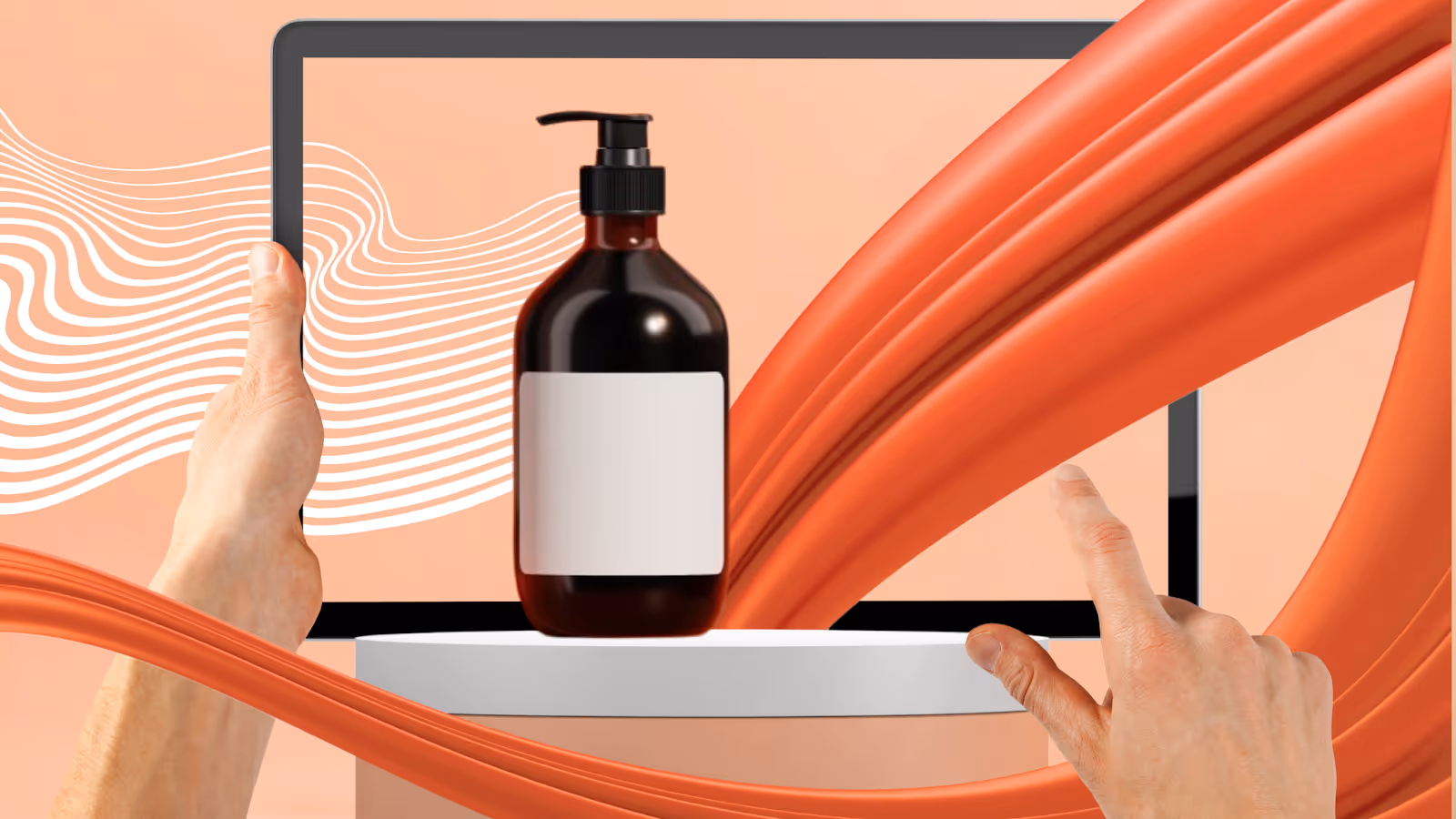 Hands holding a tablet with a cosmetic pump bottle displayed, surrounded by abstract orange waves, representing digital product marketing.