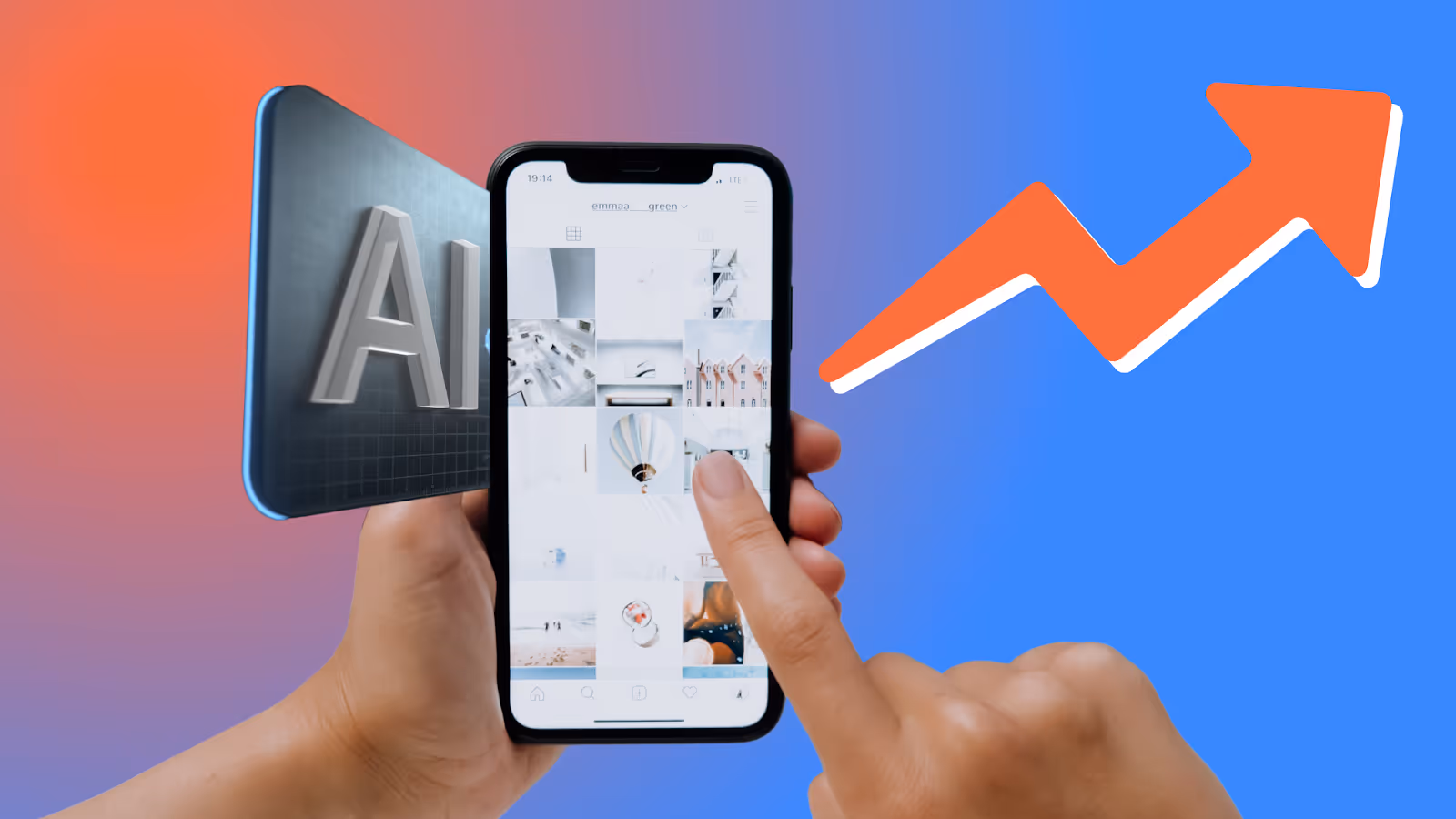 Hand holding a smartphone with AI visuals emerging from the screen and a red upward arrow, symbolizing growth with artificial intelligence.