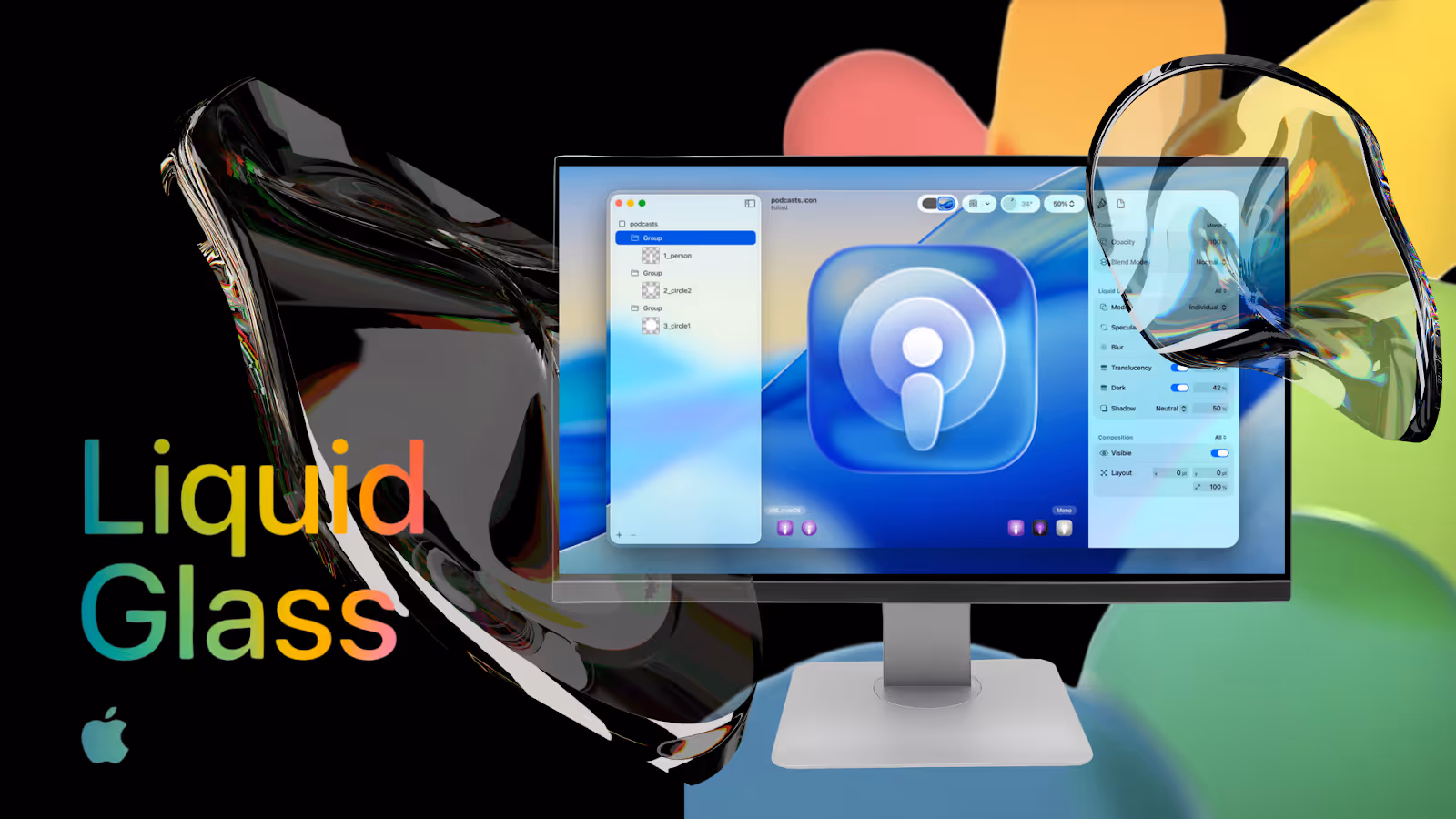 Computer monitor showing Apple interface with abstract liquid glass shapes and colorful background, symbolizing futuristic digital design.