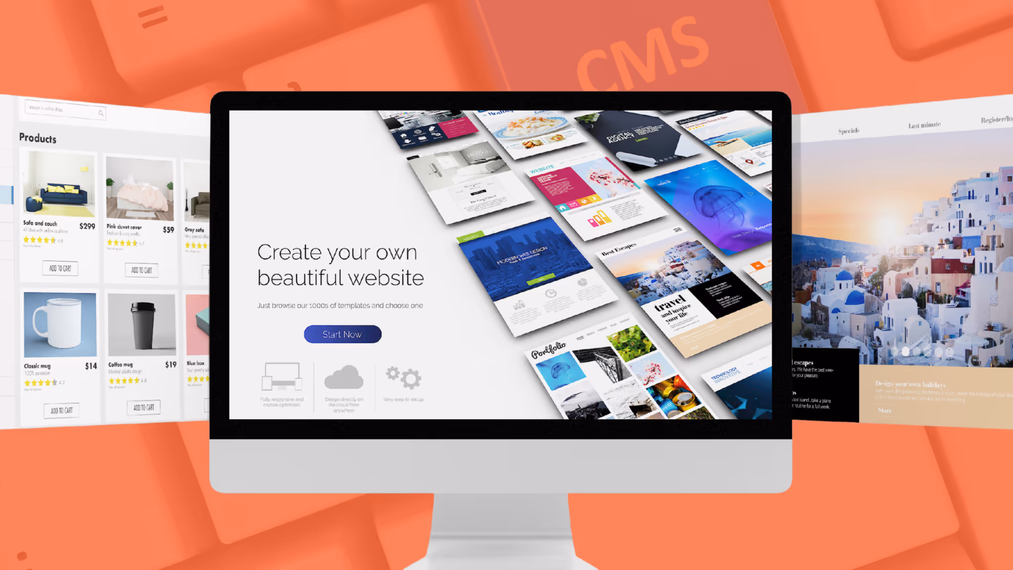 CMS interface with website builder templates for online shops, blogs, and travel websites.