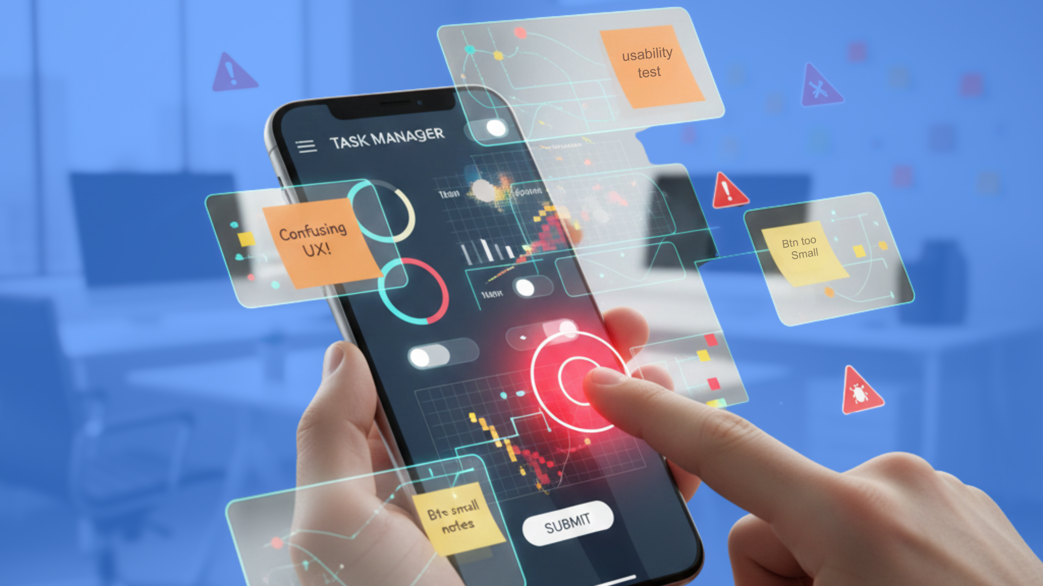 Person testing a mobile app prototype with visual UX notes and warnings highlighting usability issues.
