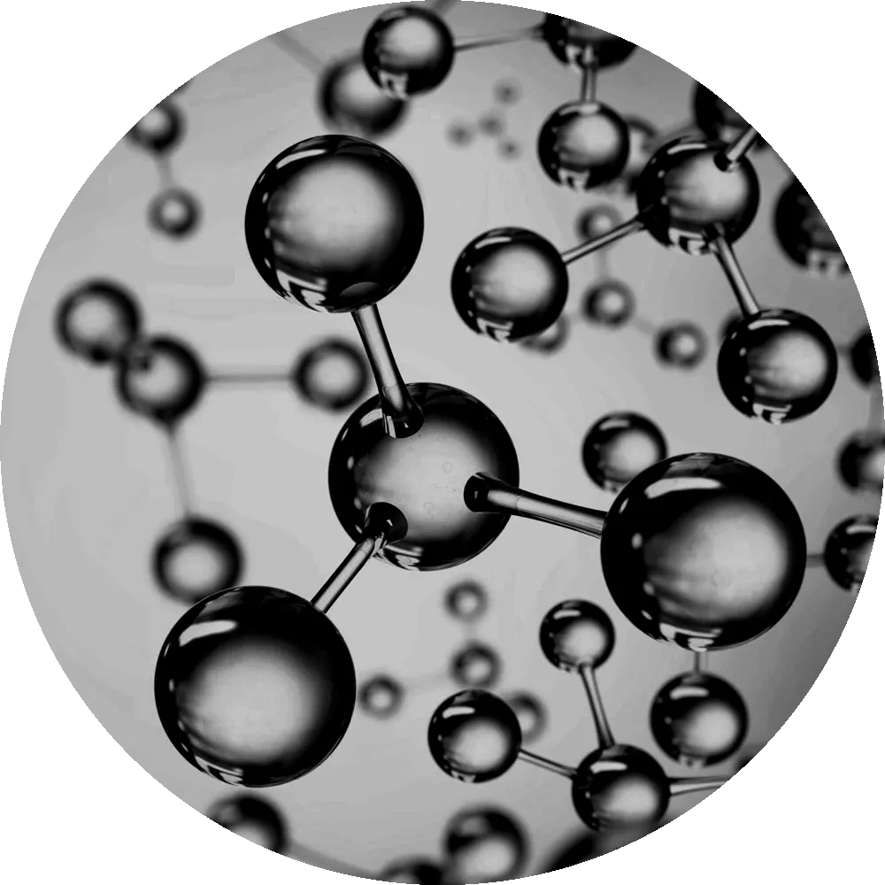 Grafische Darstellung von verbundenen Molekülen mit kugelförmigen Atomen und Stäben in einem molekularen Netzwerk.