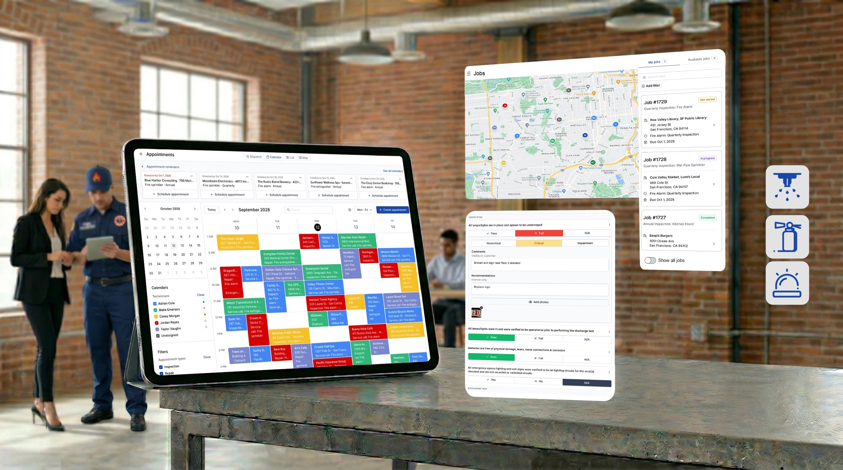 A professional office setting showing the Ember fire inspection software interface on a tablet. The screen displays a colorful scheduling calendar, while floating digital cutouts showcase a job map and a deficiency inspection form. In the background, a fire inspector in a blue uniform and cap discusses details with a client in a loft-style office.