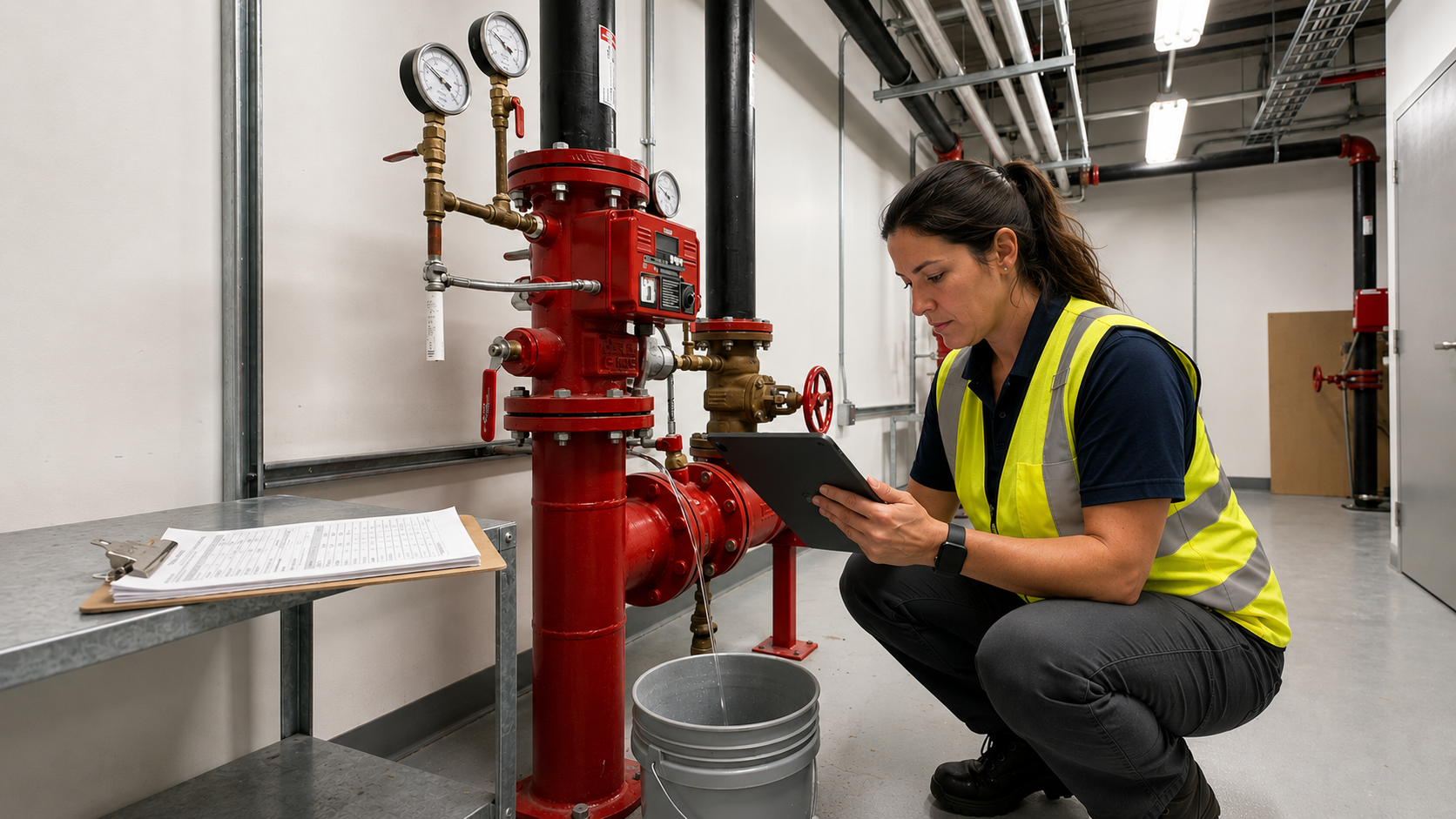 Woman completing fire inspection form with digital forms on ipad