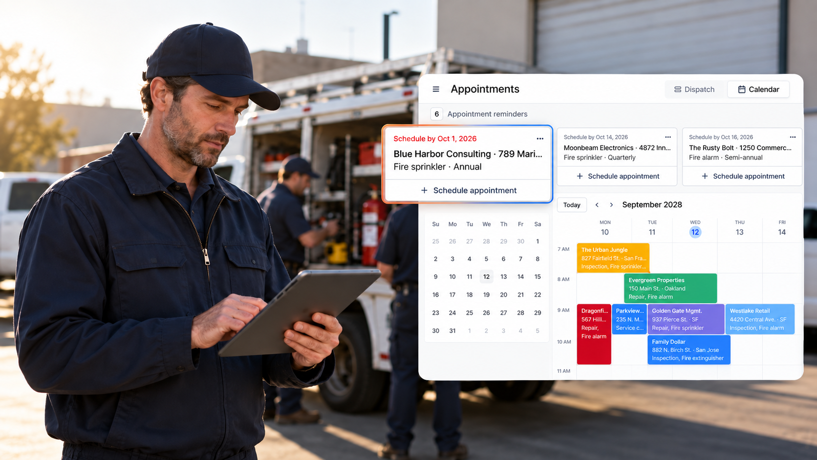 Fire Inspection Technician Using a Tablet for Digital Schedule