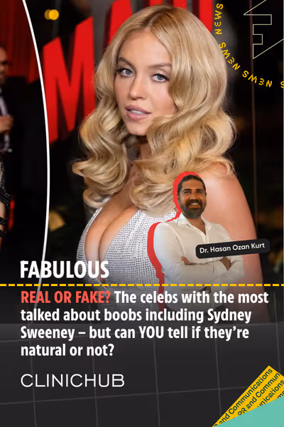 Güzel saçları ve beyaz kıyafetiyle bir kadın, ön planda. Yazıda en çok konuşulan göğüsler gerçek mi sahte mi diye soruluyor, Sydney Sweeney dahil ünlülerden bahsediliyor.