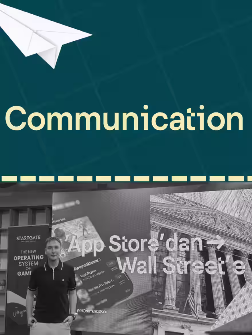 In the upper corner is a white paper airplane and the inscription 'Communication' on the back, below it is a man and on the big screen the inscription 'From App Store to Wall Street'.