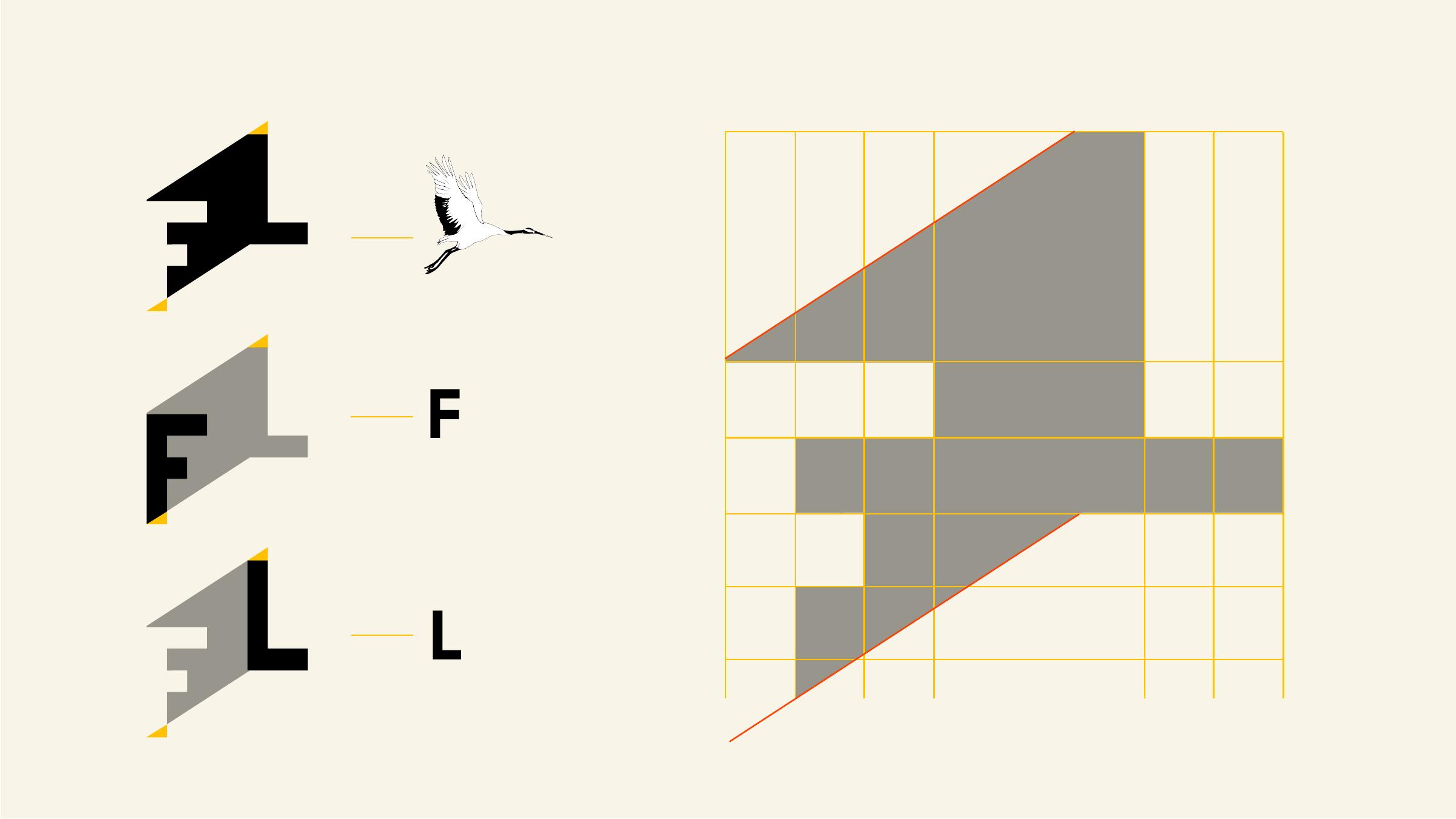 FL Communications logosunun F ve L harflerinden oluşan geometrik yapısı