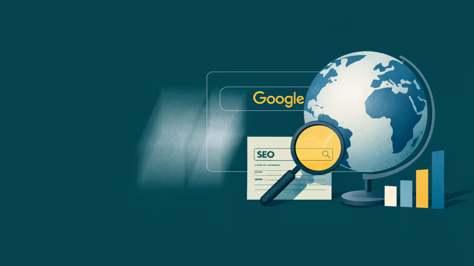 A magnifying glass is above the word SEO in the Google search box, next to it is a globe and graphic bars.