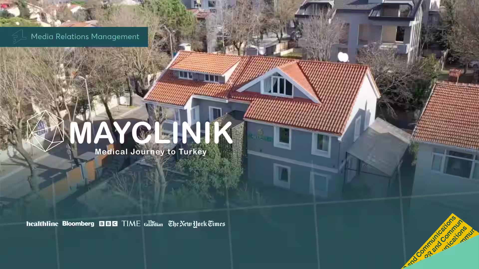 Turuncu çatılı binaların ve ağaçların üstten görünümü, MAYCLINIK yazılı sağlık seyahati tanıtımı.