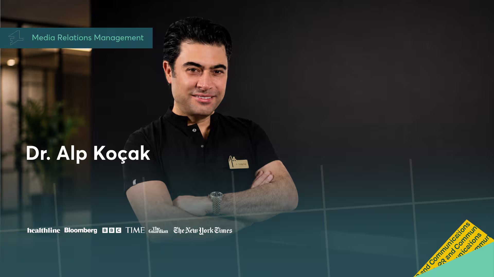 Dr. Alp Koçak, arms crossed, smiling against a dark background with media logos below.