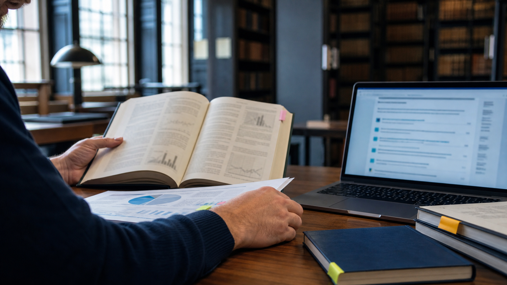 Researcher comparing books, reports and digital sources at a library desk