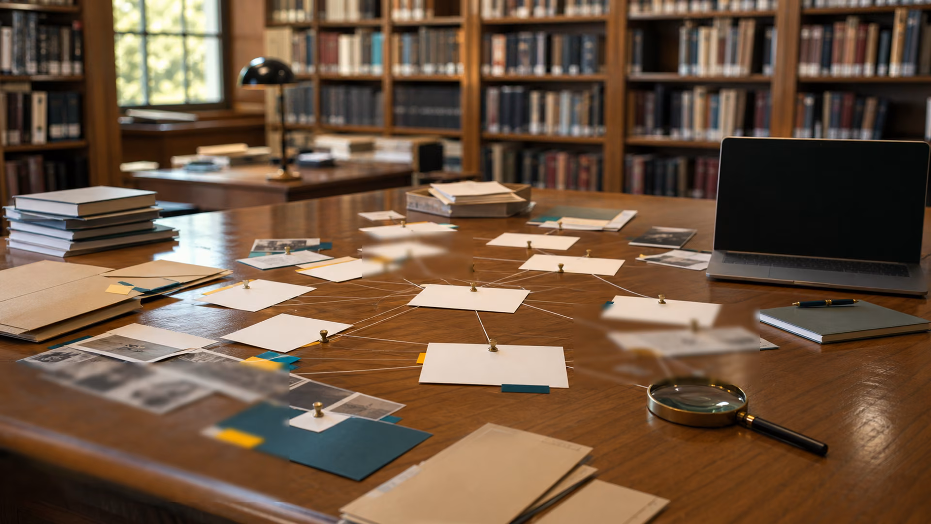 A research desk with blank cards linking brand, expert, service and editorial evidence records