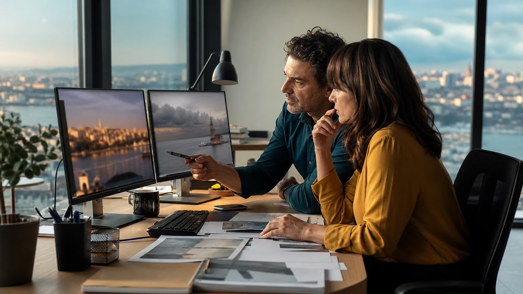 Communications editors in Istanbul comparing two AI-altered visual assets