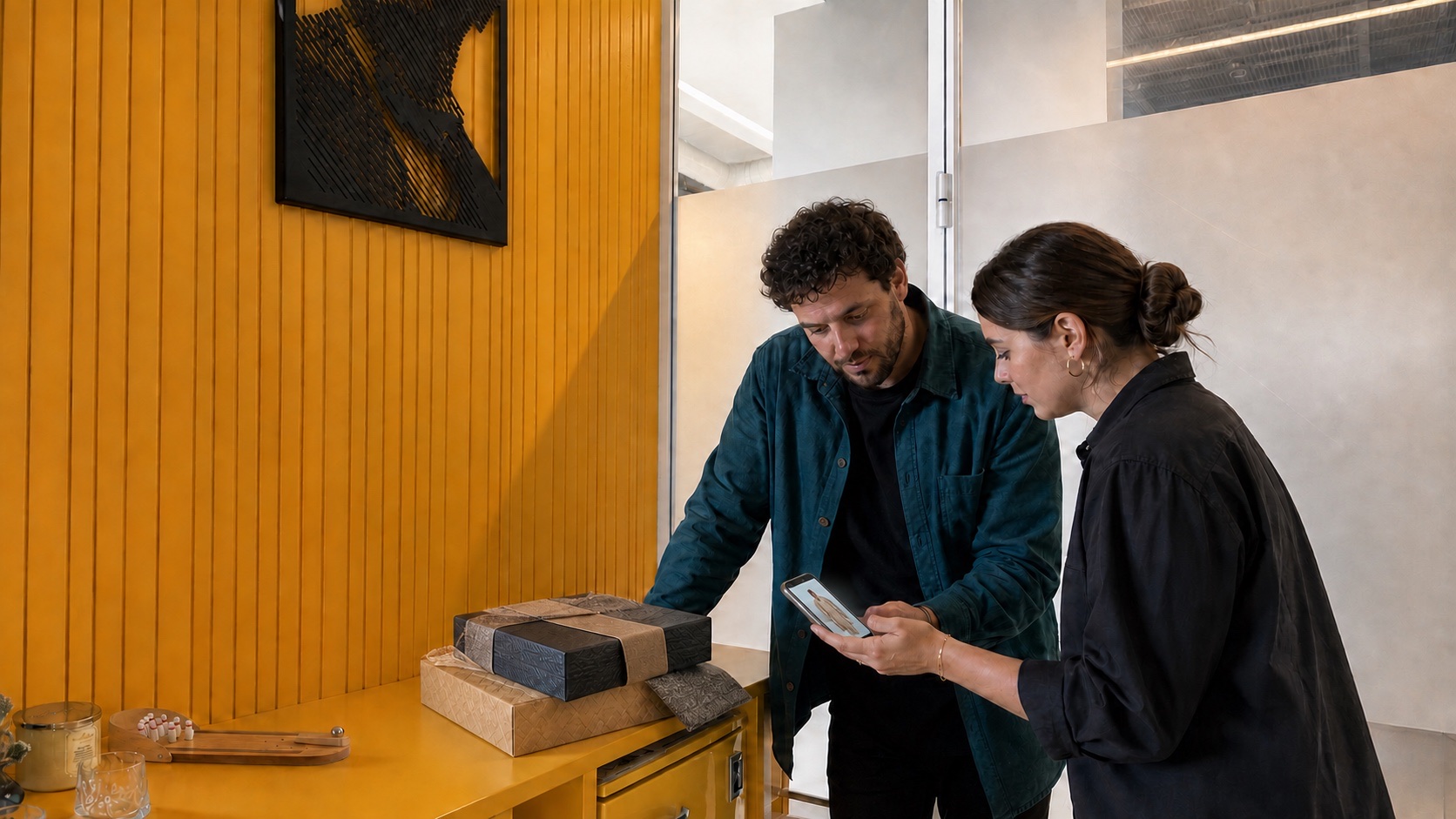 Two communications specialists reviewing product and screen details for a social media collaboration