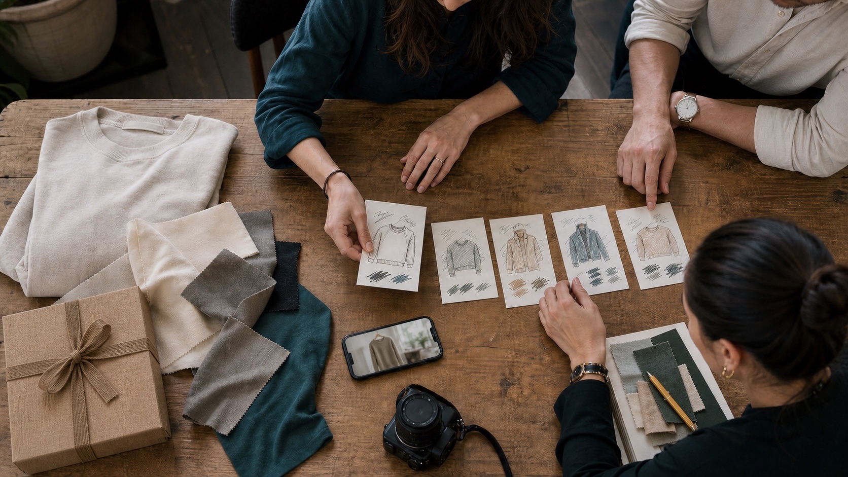 Communications team arranging ad-disclosure review cards before a fashion collaboration