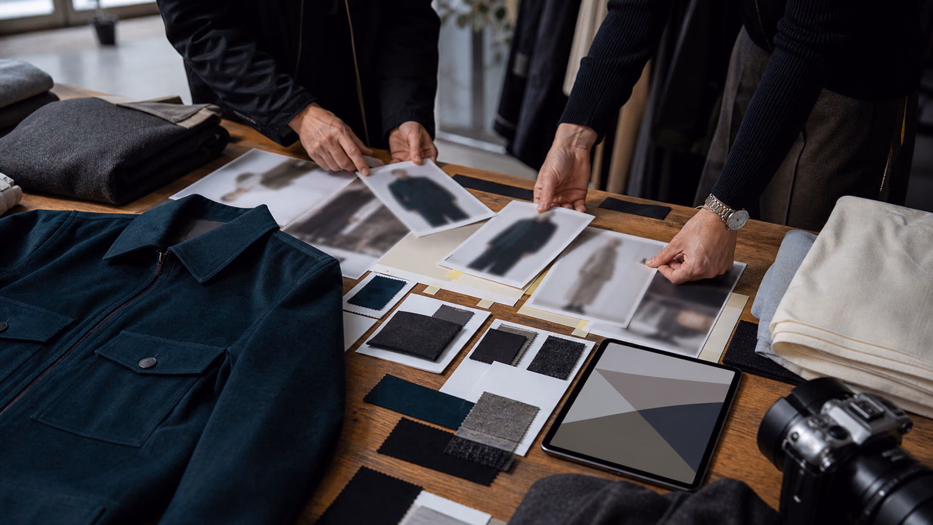 Moda ürün varyantları, malzeme örnekleri ve editoryal kanıtları aynı lansman masasında karşılaştıran ekip