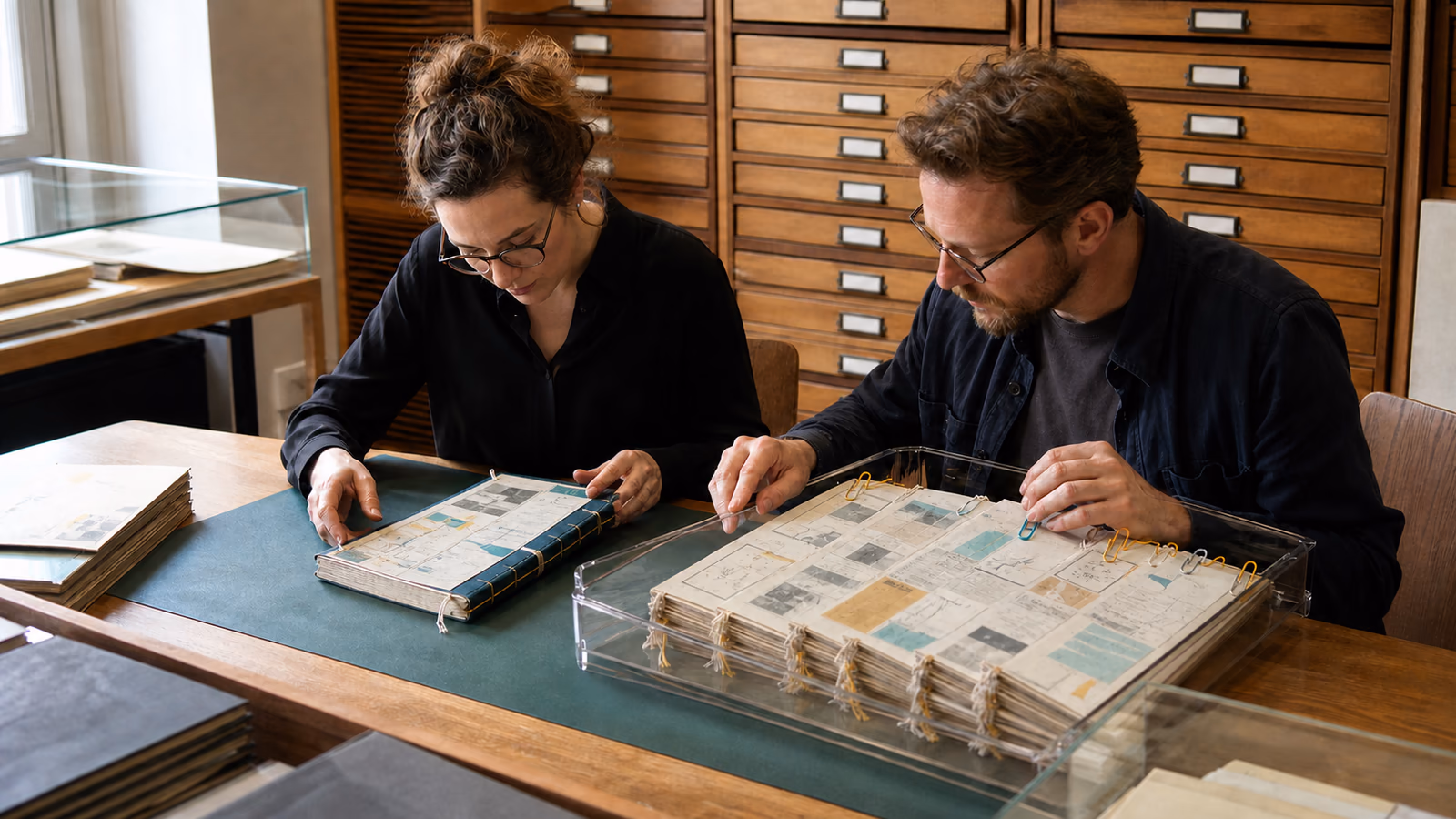 Two archive researchers separating an original source from marked evidence cards and its syndication family