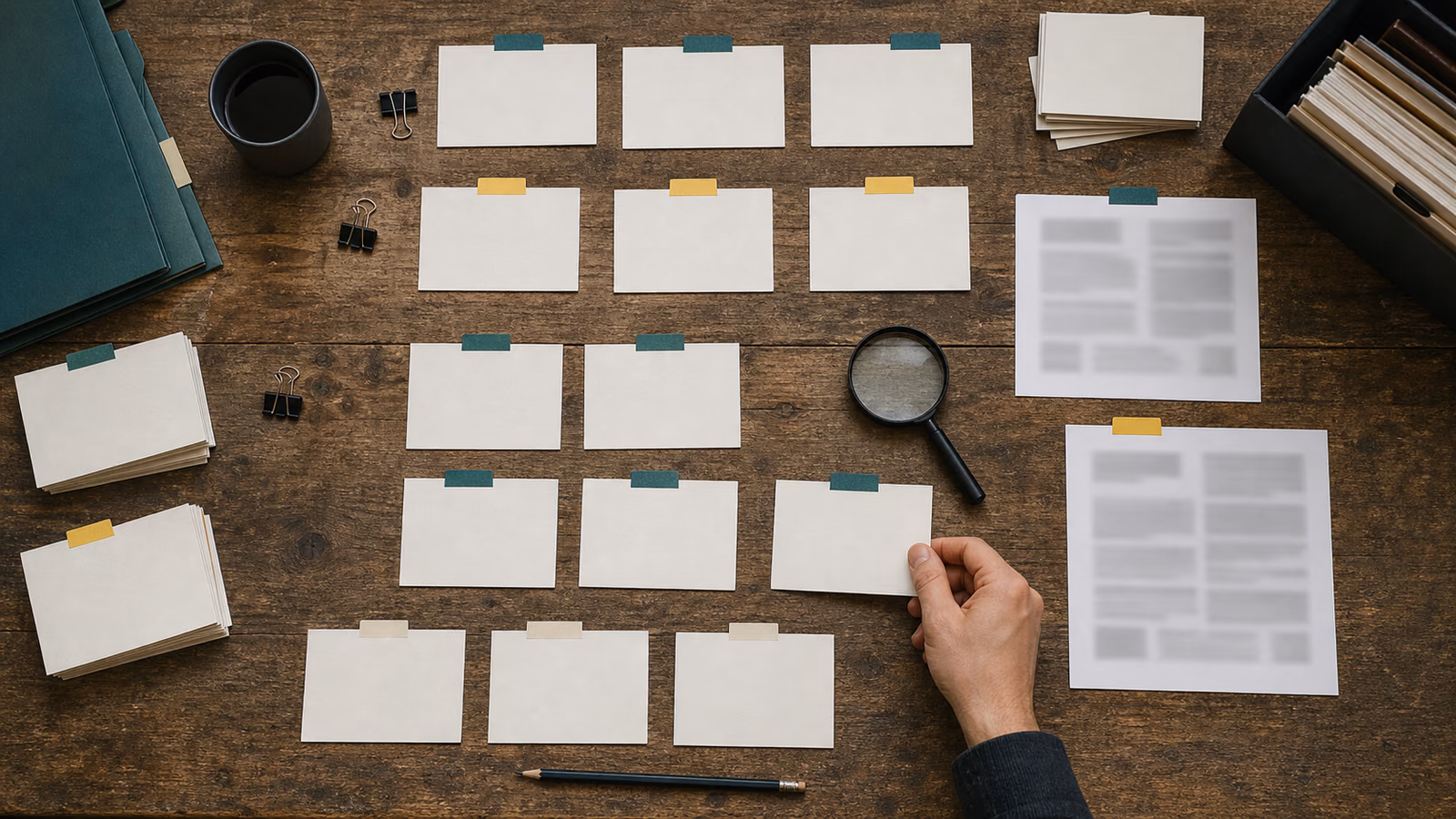 Thirty-day GEO citation audit desk with blank source cards and a magnifying glass