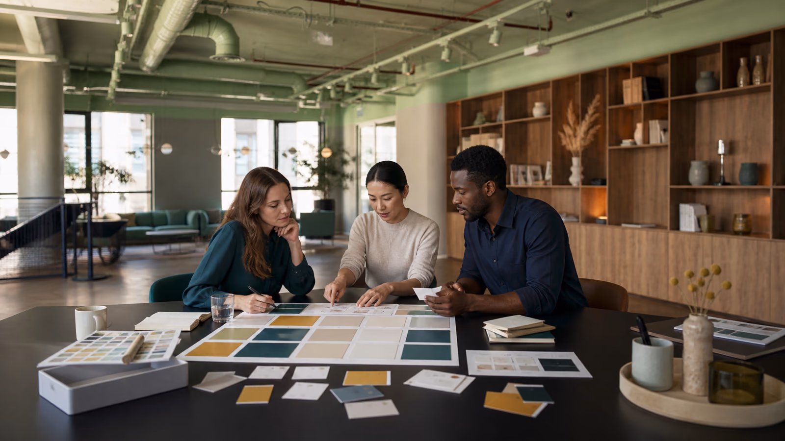 Three-person team auditing multilingual patient promises and channel consistency in the FL Communications office