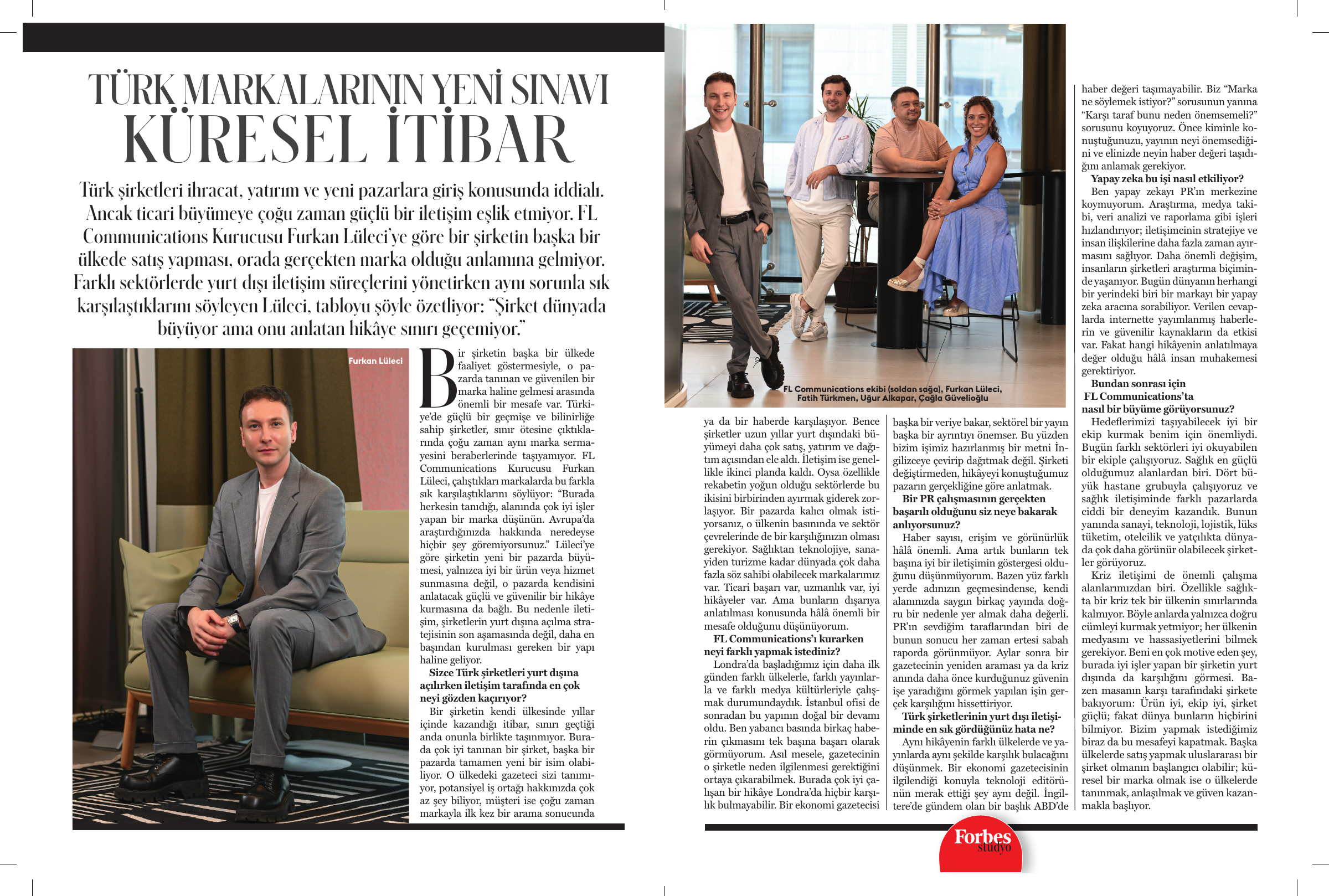 The original Forbes Stüdyo magazine spread about global reputation, featuring Furkan Lüleci and the FL Communications team.