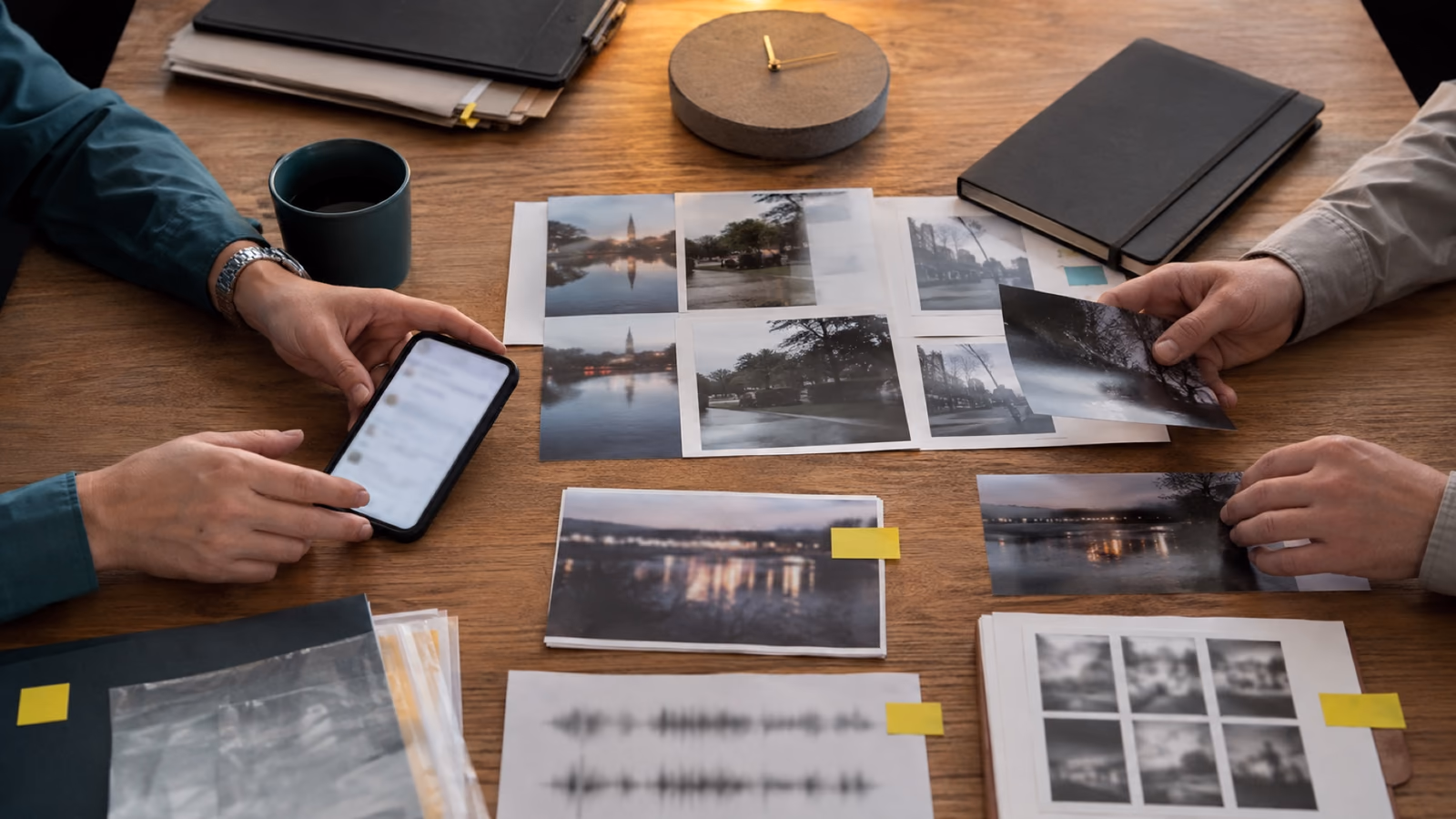 Communications team verifying phone records, photographs and source files during a corporate misinformation incident