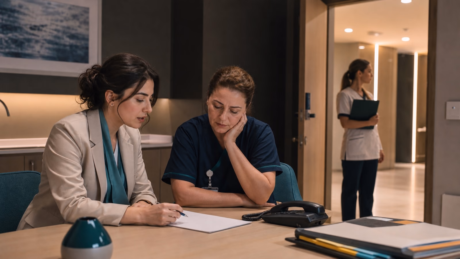 Patient coordinator and clinical team reviewing an after-hours complication reporting pathway