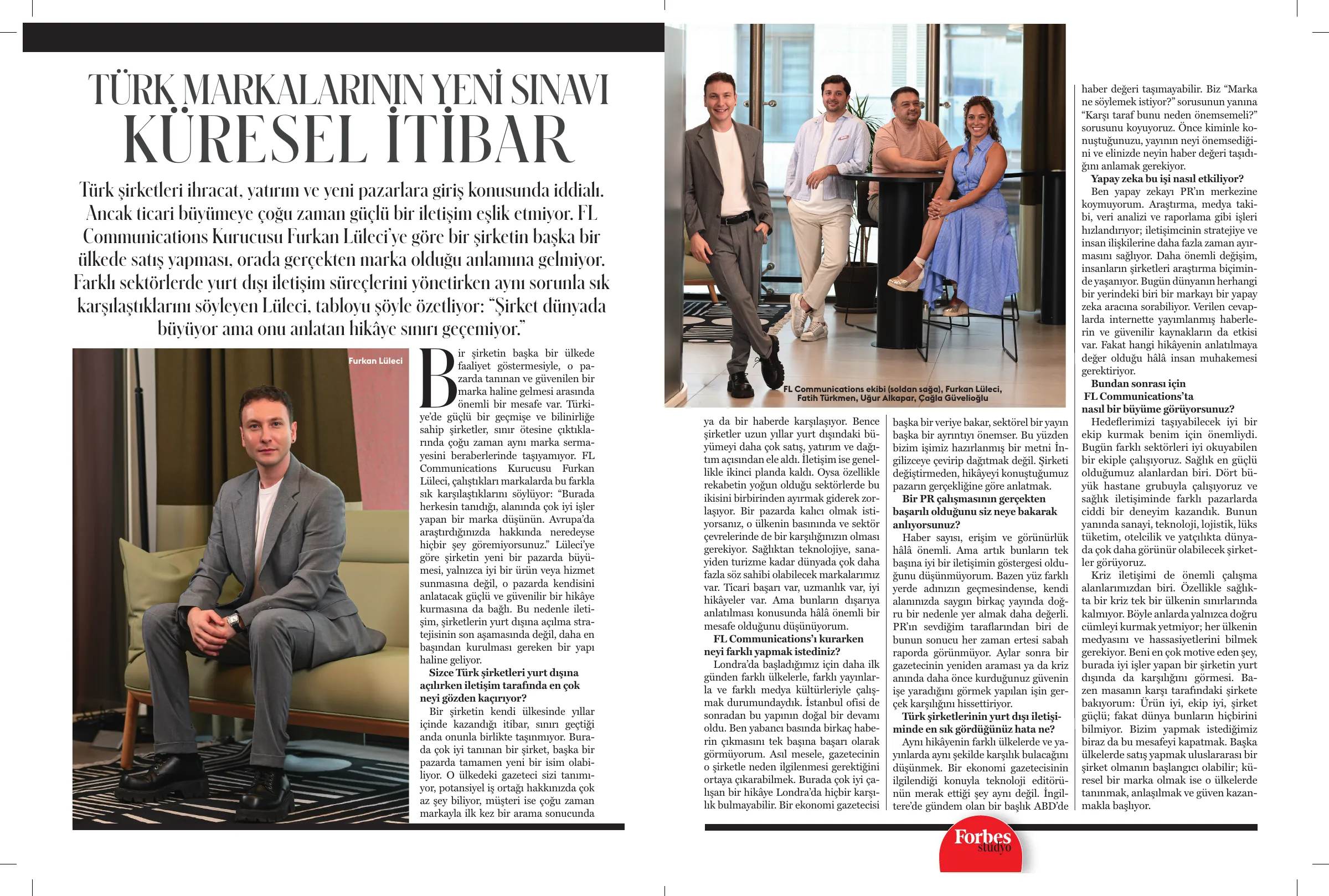 The original Forbes Stüdyo magazine spread about global reputation, featuring Furkan Lüleci and the FL Communications team.