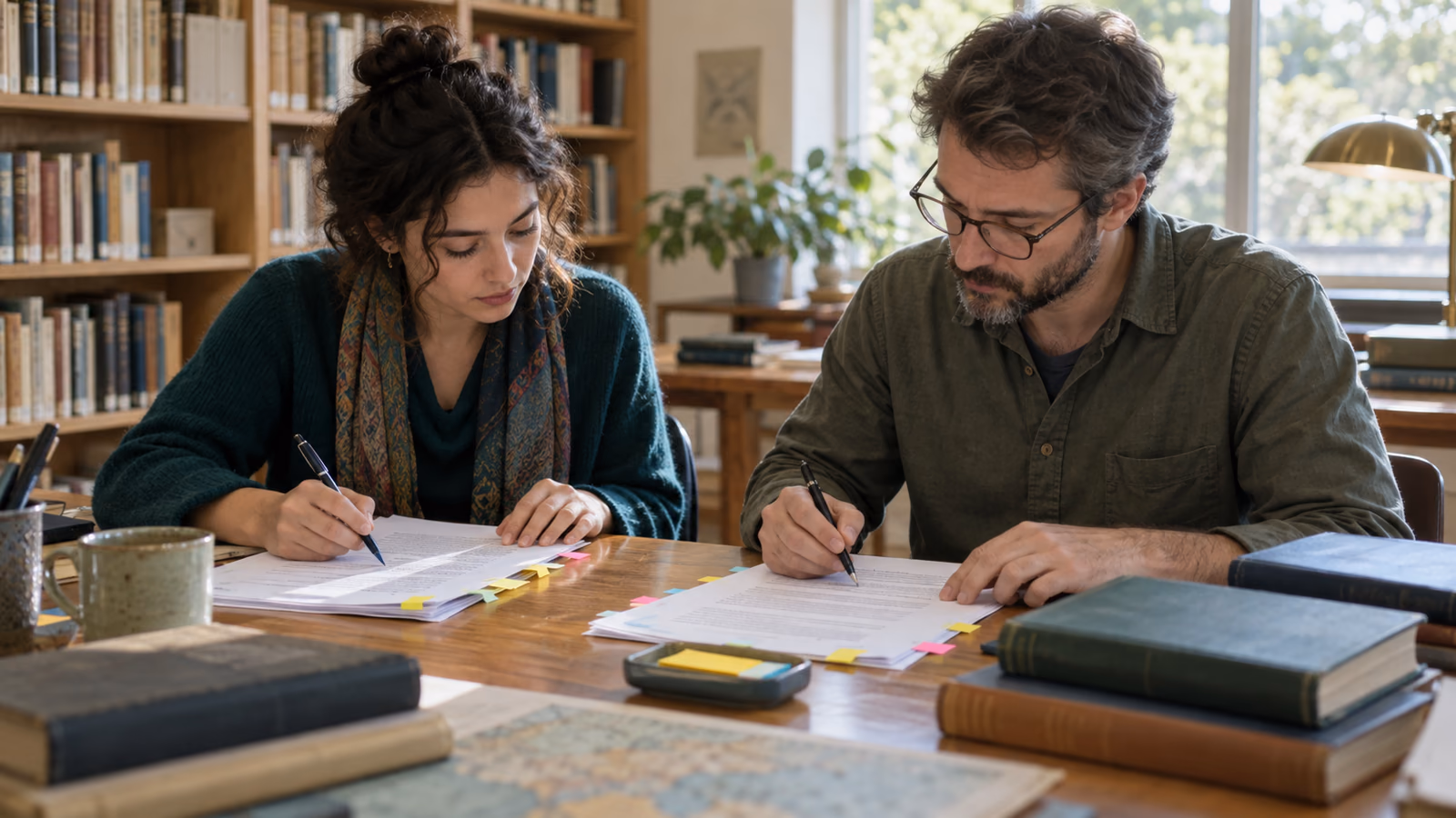 Two editors comparing Turkish and English GEO drafts against clear sentence and term checks