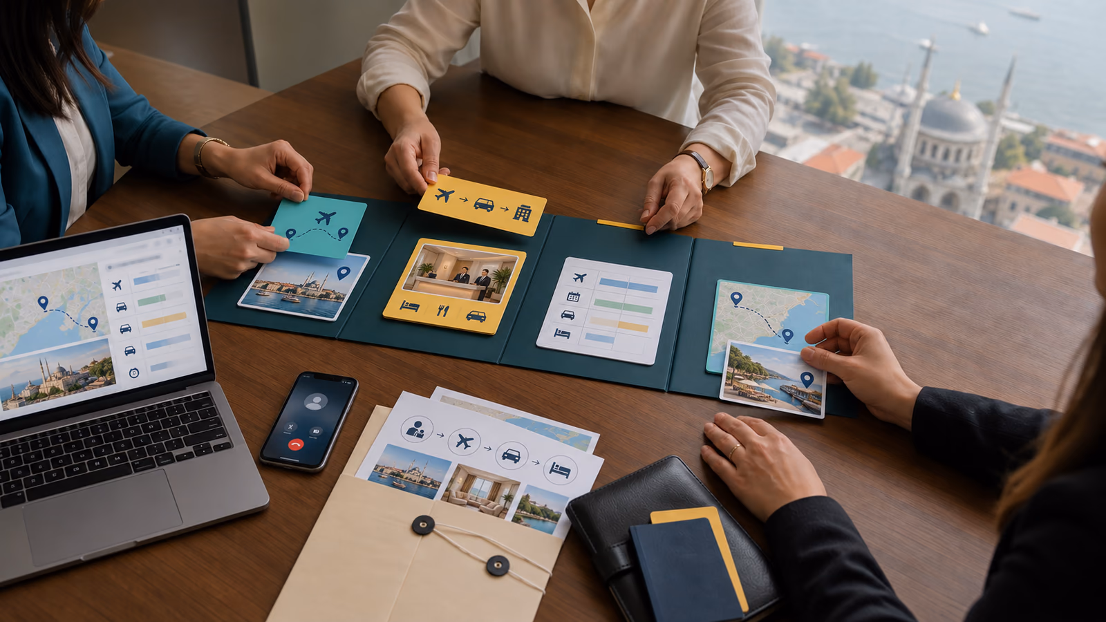 Team planning travel and appointment steps with illustrated cards and a route map