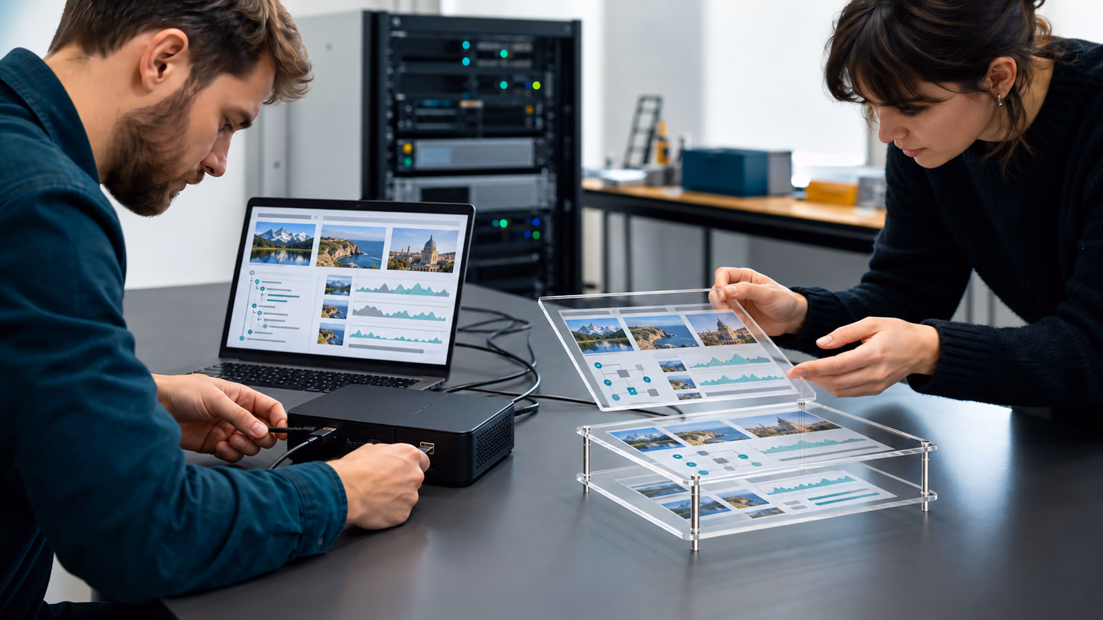 Two specialists comparing an active screen with page samples beside a server rack
