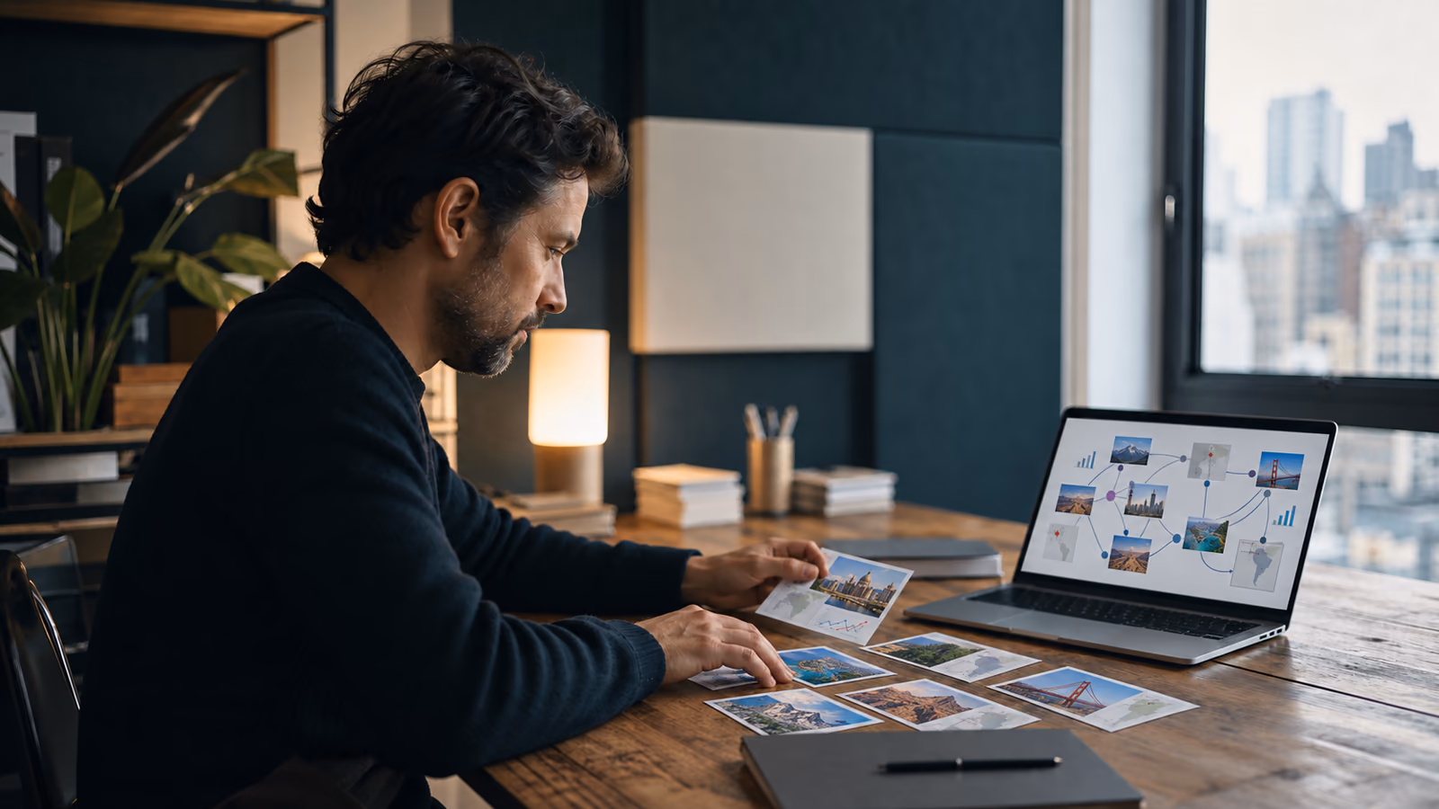 Researcher comparing a source network on an active laptop with photographic cards
