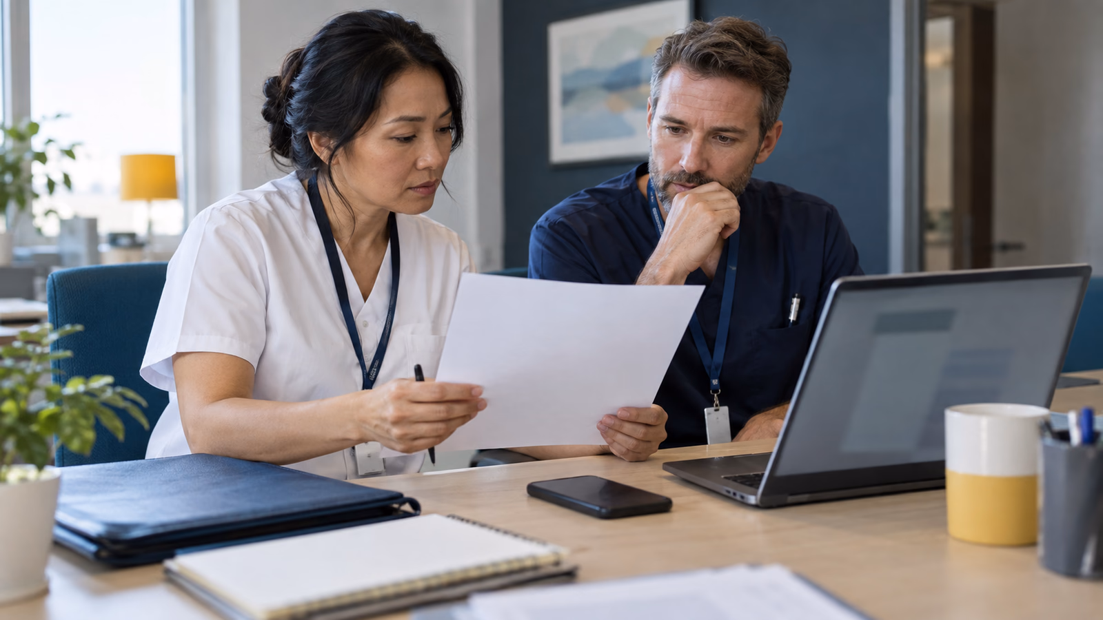 Two clinic team members review a blank contact record beside an unreadable laptop screen