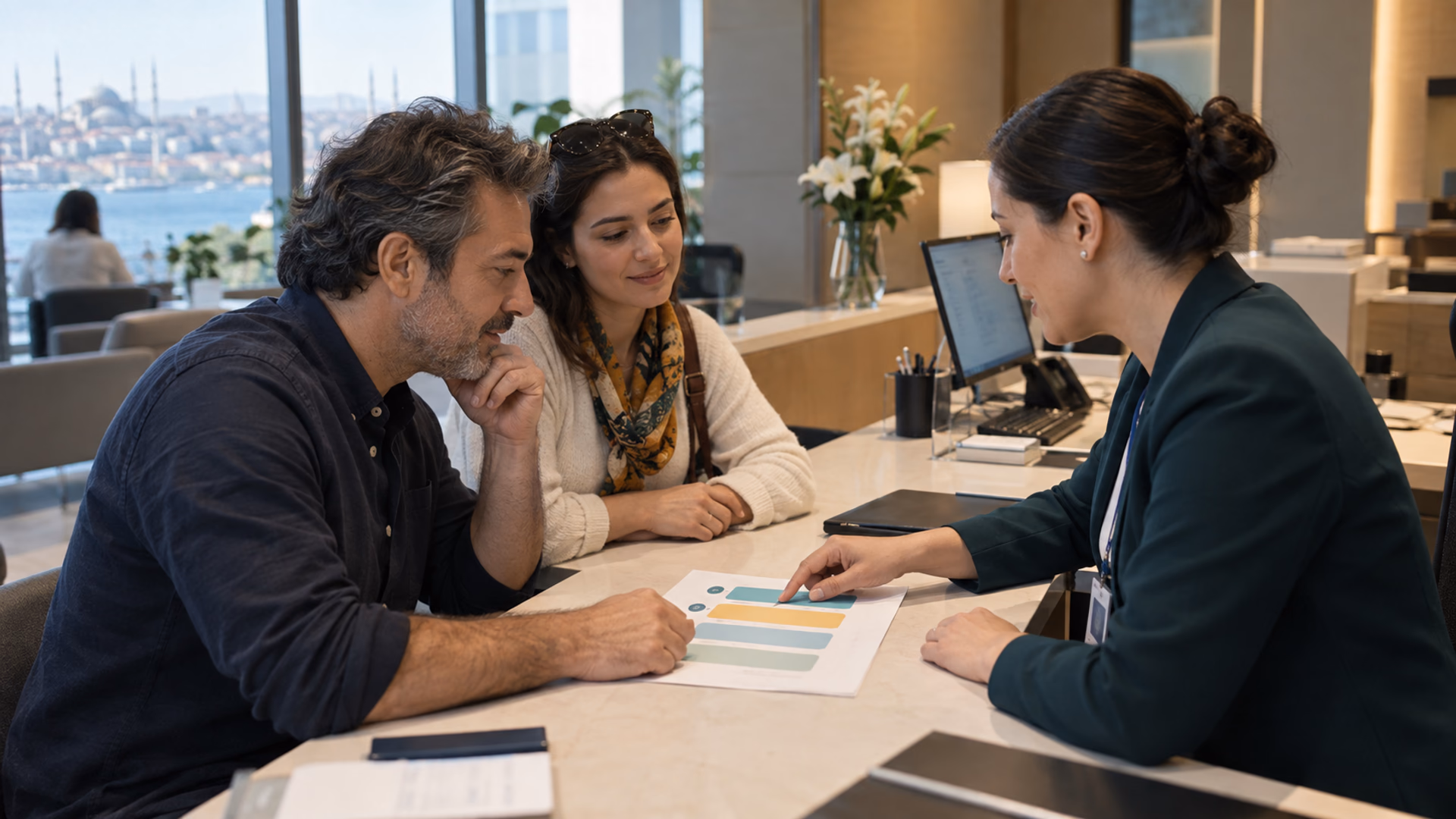 An international patient coordinator explains a private communication plan to a patient and their chosen companion