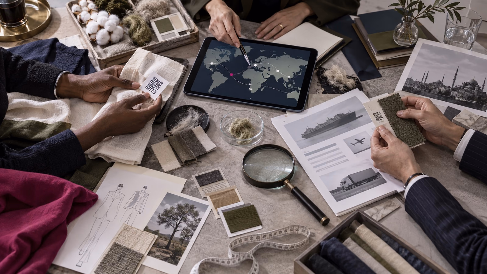 Team verifying sourcing, product imagery and market facts for a fashion brand press kit