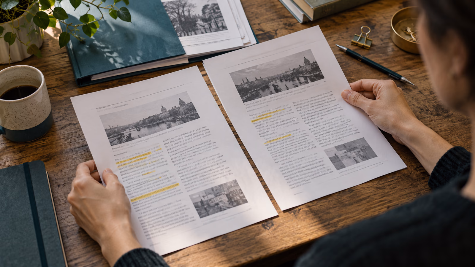 Bir editör, işaretlenmiş iki haber çıktısını masada karşılaştırıyor