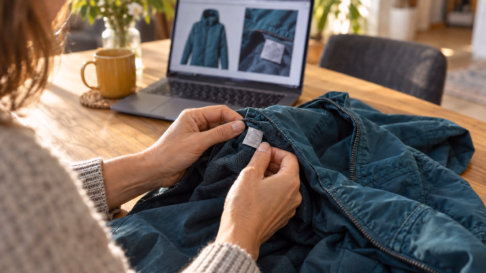 A customer checking the inner label of a jacket against product photographs on a laptop