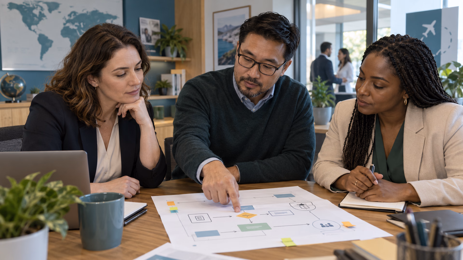 Clinic communications, privacy and diaspora outreach teams review approval points in a partner workflow