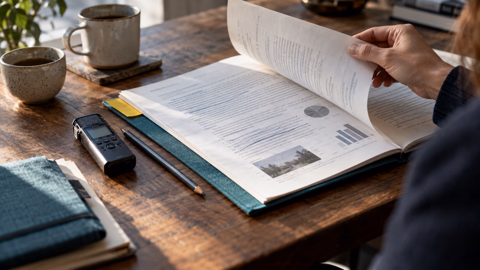 An annotated briefing folder beside a pencil and audio recorder on a wooden desk