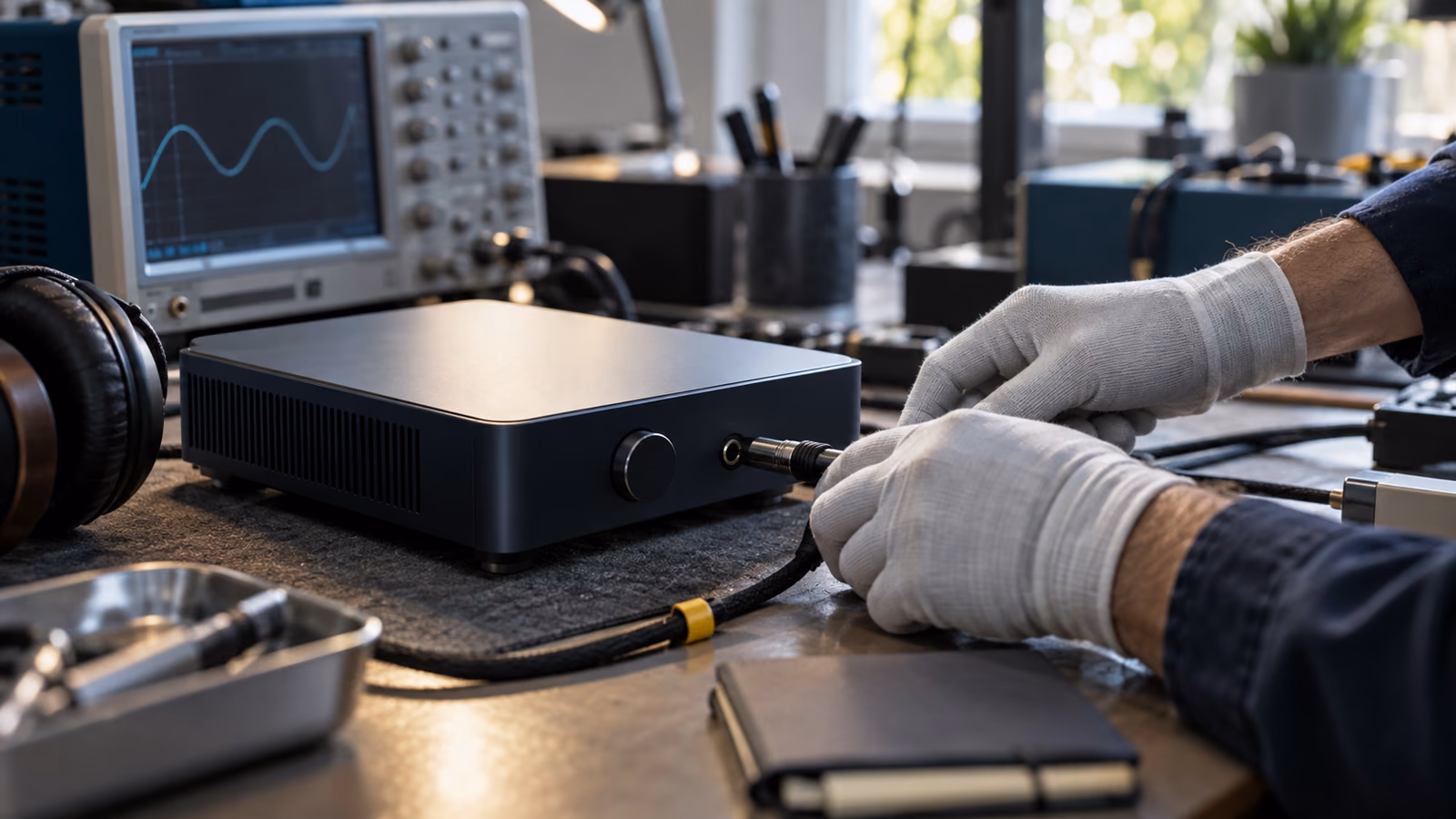 A technician checking an audio device connection on an electronics test bench