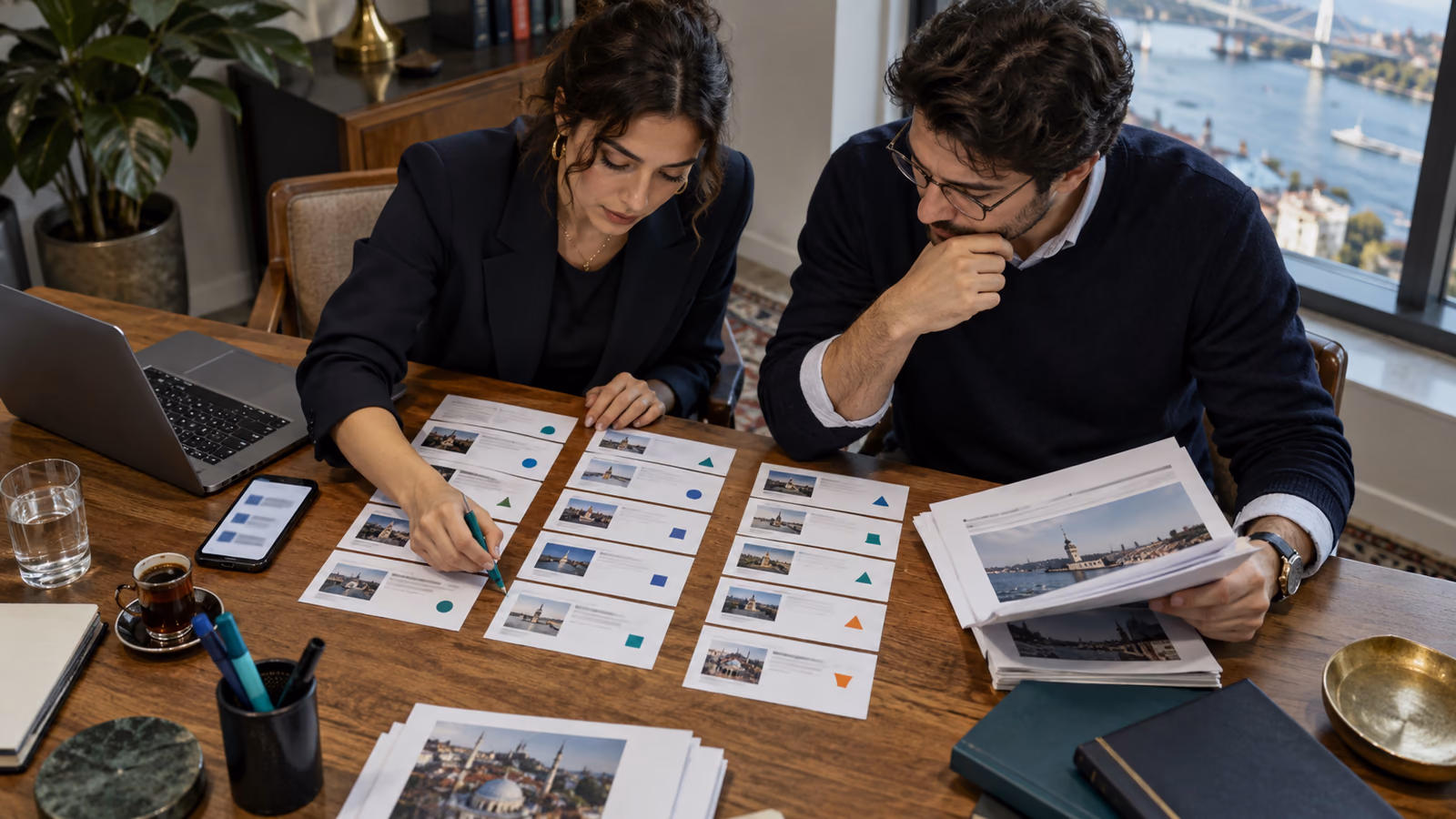 Two analysts reviewing repeated AI queries in a three-column evidence log