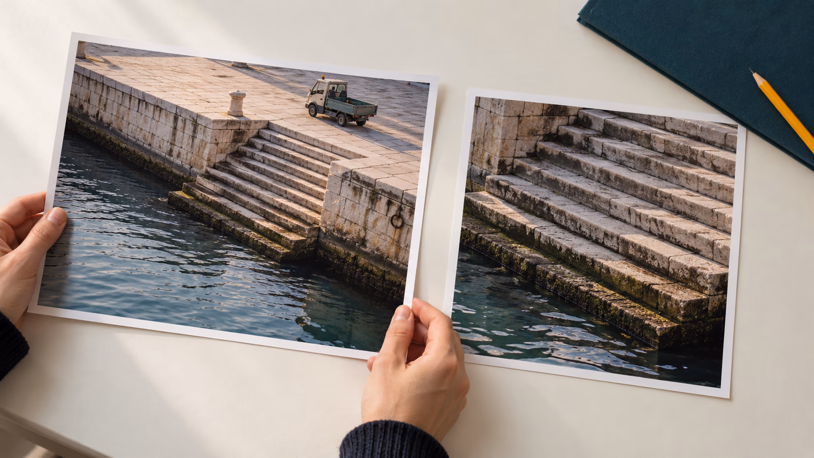 Işıklı masada tam kadraj ve kırpılmış fotoğraf baskılarını karşılaştıran editör
