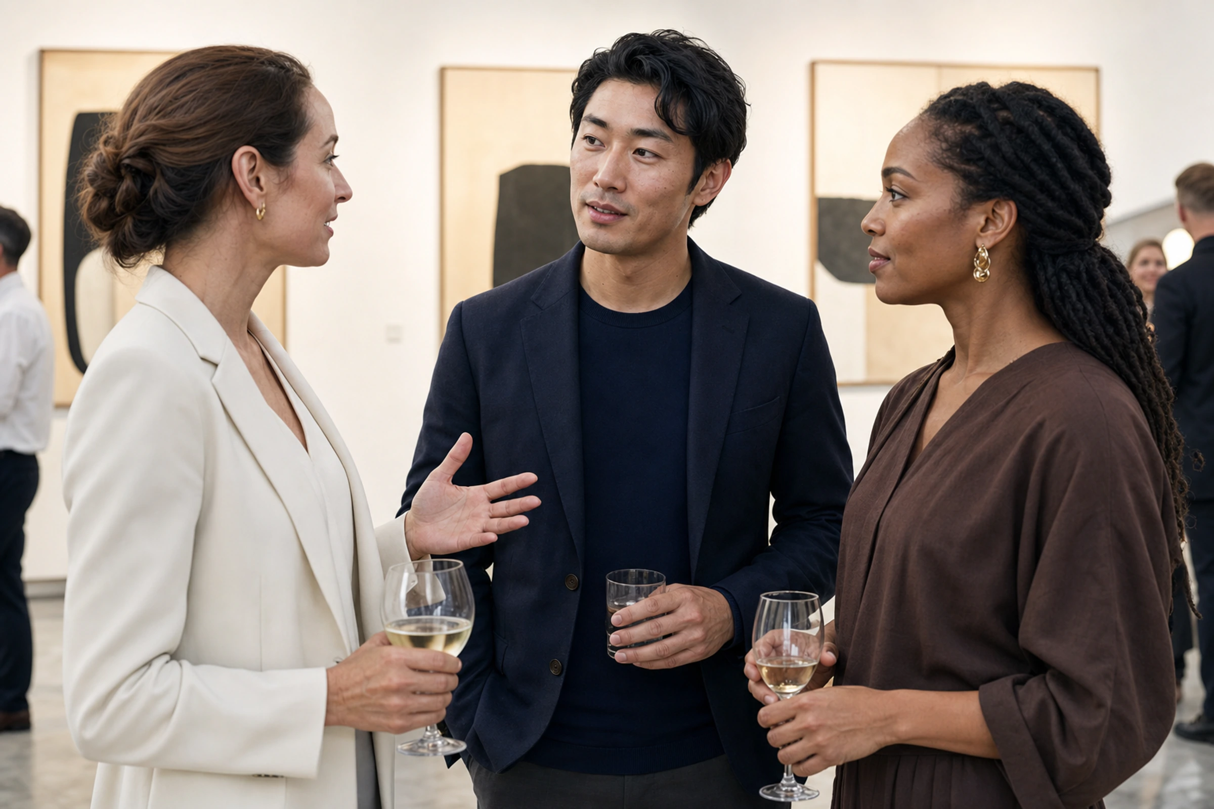 Three adults share a clear, friendly introduction at a gallery event.