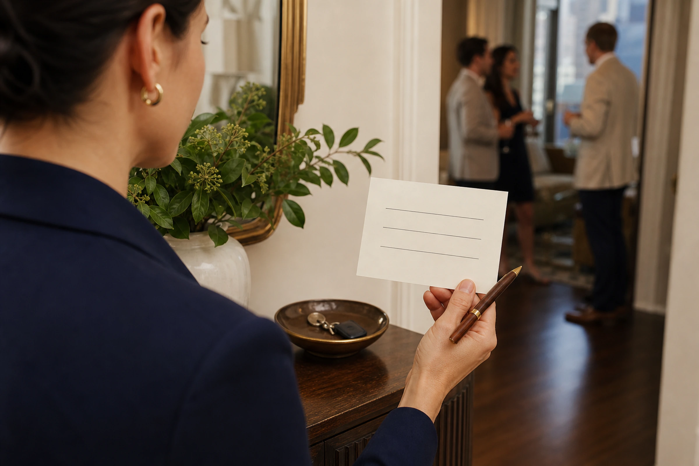 A host reviews a short guest list before welcoming people to a reception.