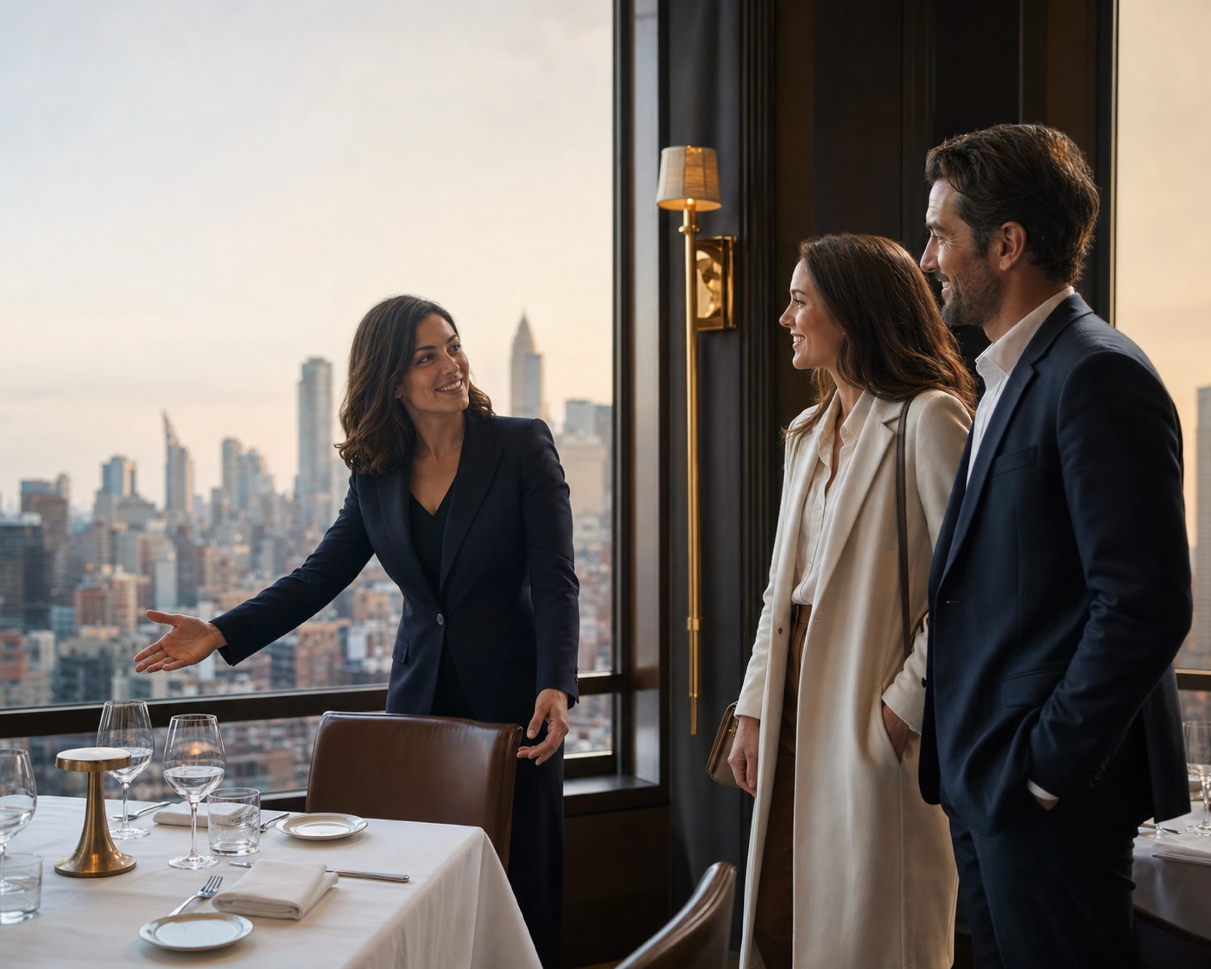 A business host welcomes two guests to a prepared restaurant table.