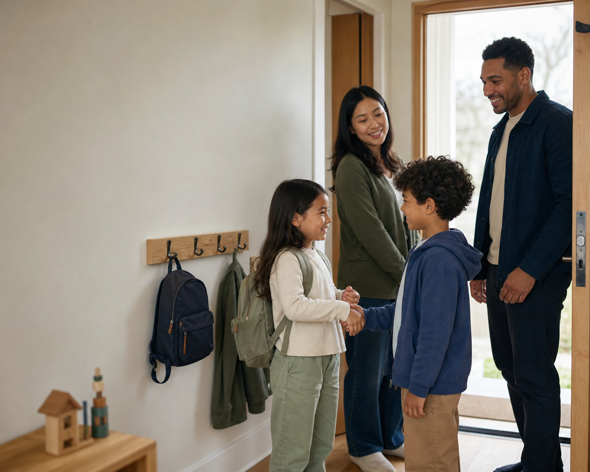Two children greet each other as their parents complete a friendly playdate handoff.